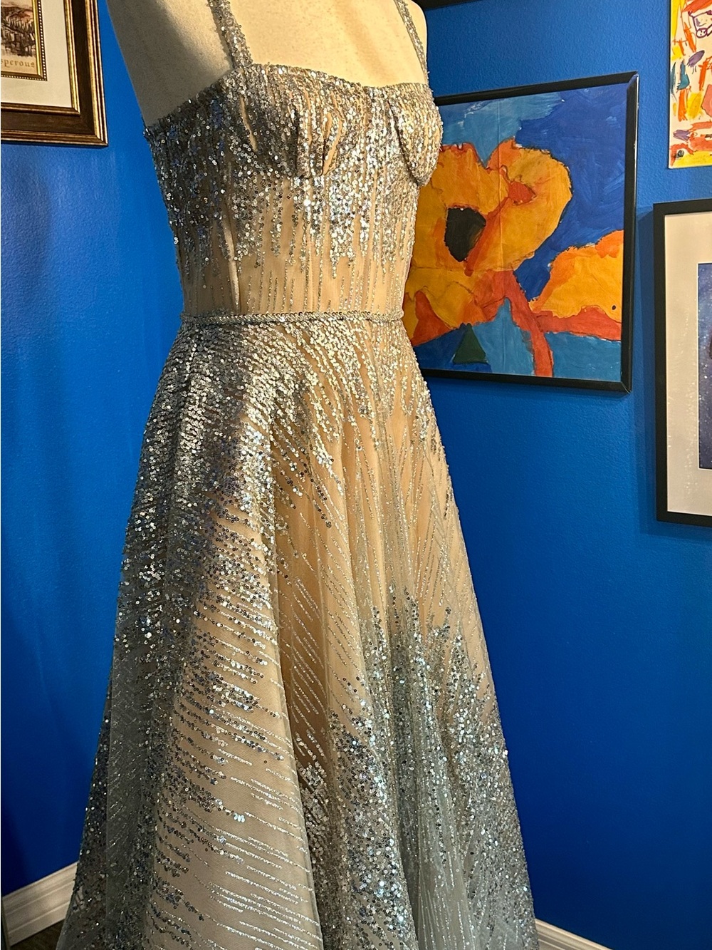Bronx and Banco Silver Sequin A-Line Midi Prom Dress - Picture 1 of 16